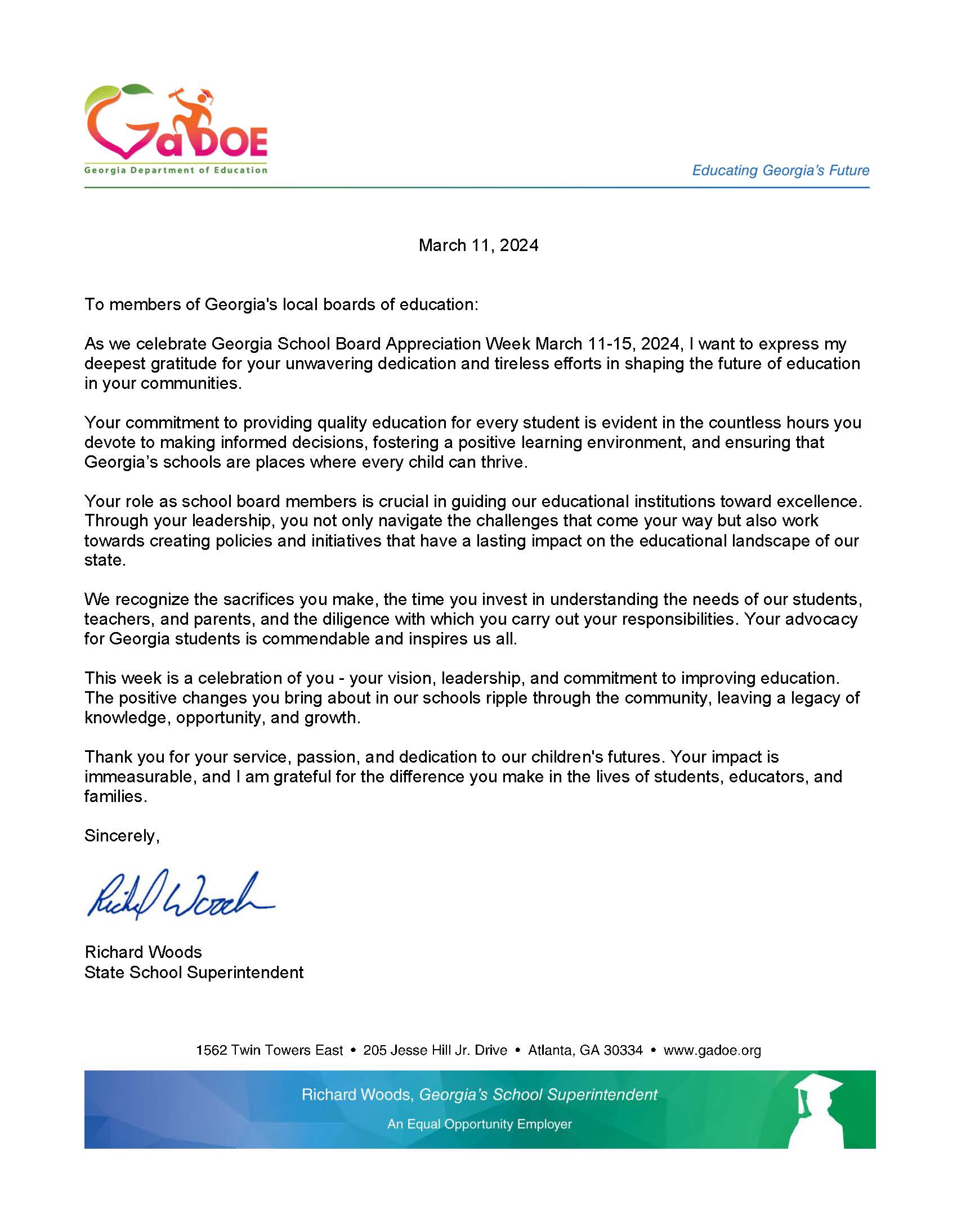 A letter from Supt. Woods to Georgia School Board Members